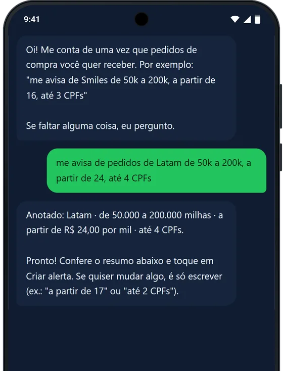App Balcão de Milhas no Android: alerta de pedidos criado por conversa
