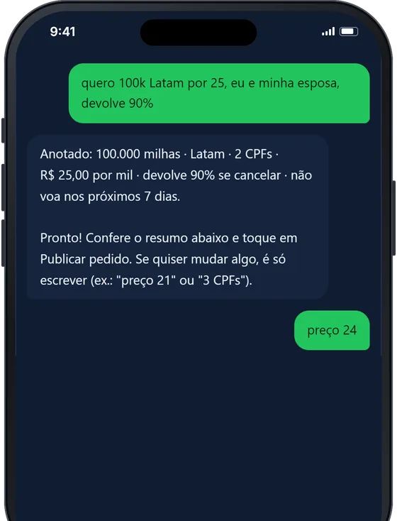 App Balcão de Milhas no iPhone: pedido de compra de milhas feito por conversa