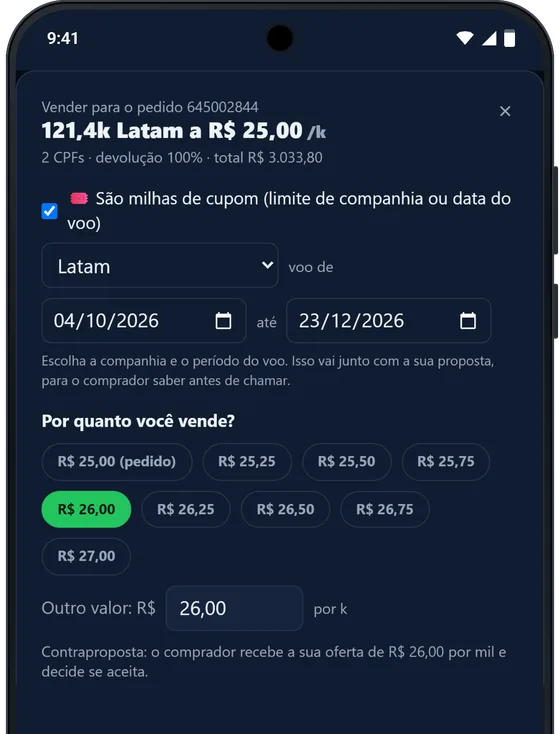 App Balcão de Milhas no Android: tela de vender com contraproposta